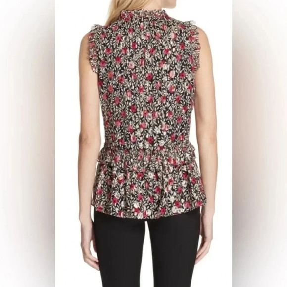 Kate Spade Large Floral Park Silk Sleeveless Ruffle Top Metallic Clip Dot - Picture 2 of 13
